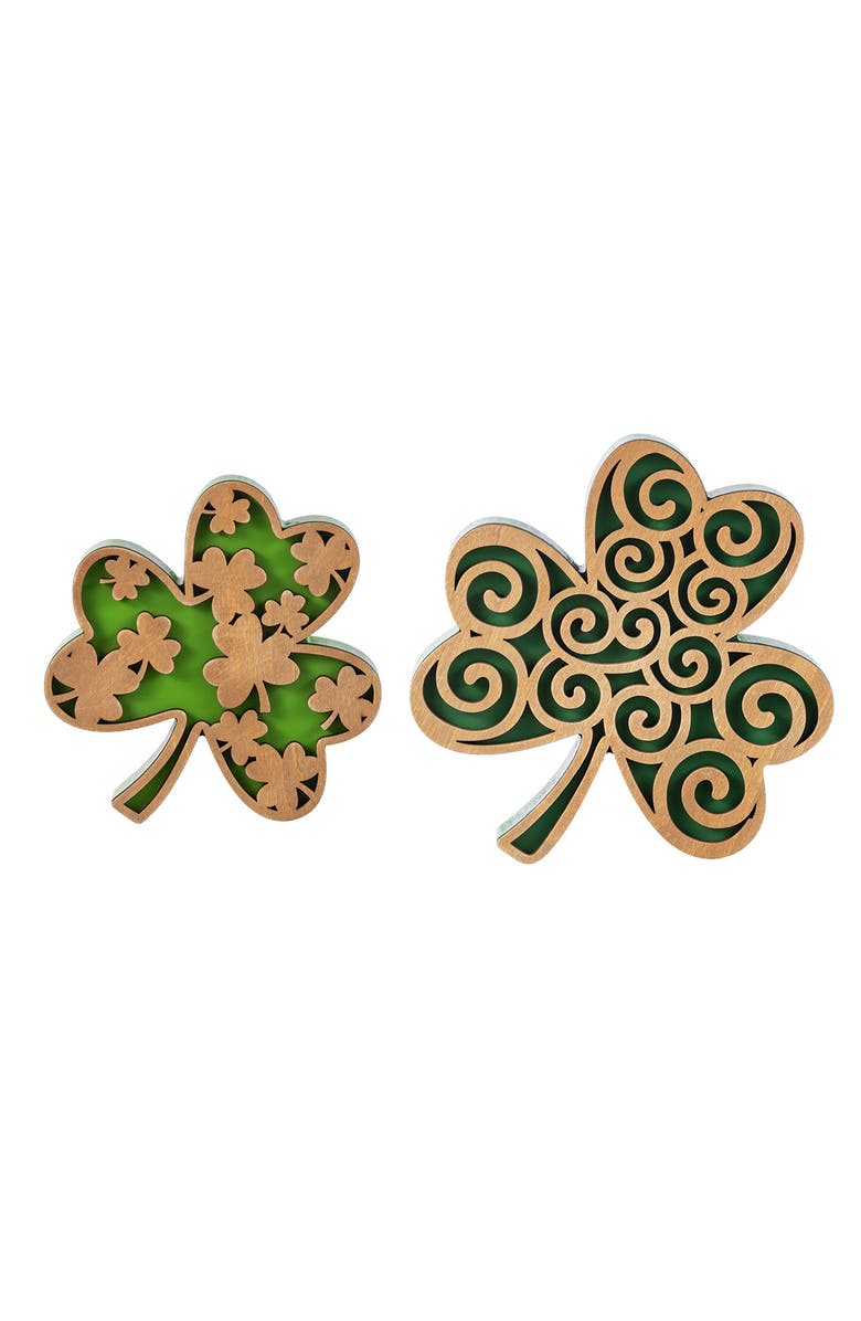 Glitzhome Set of 2 St. Patrick's Wooden Shamrock Table Decor, Main, color, Green