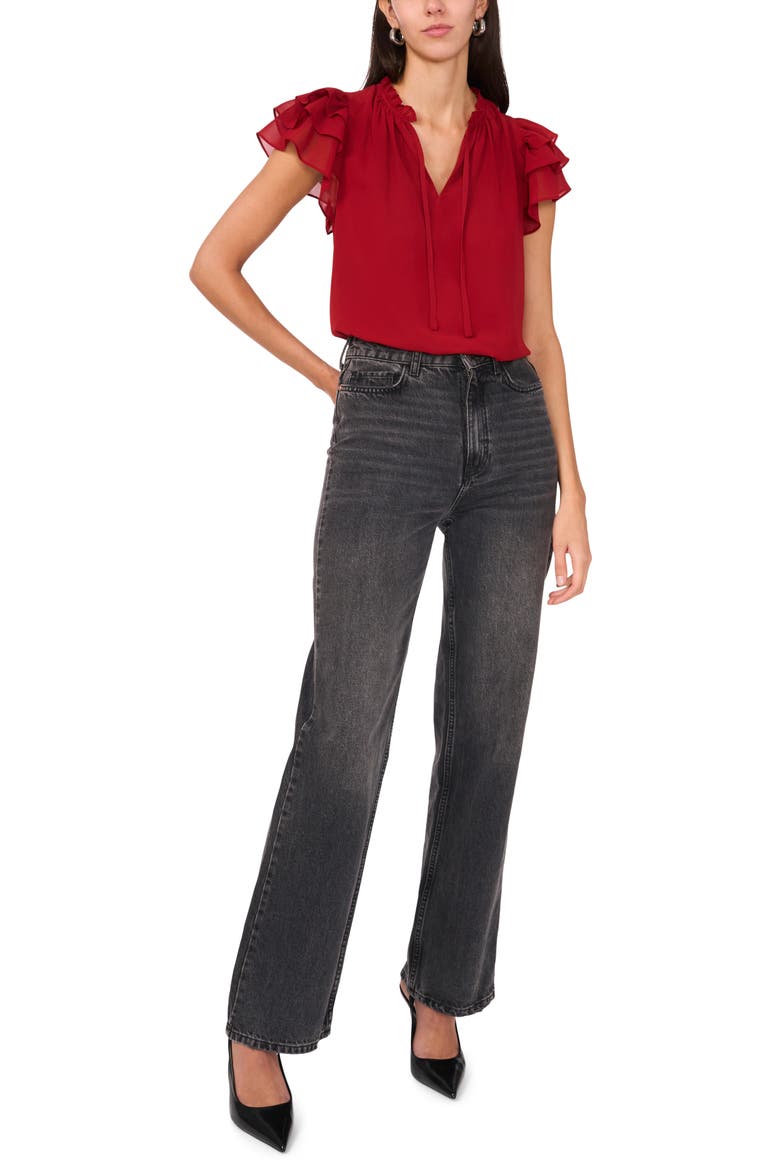 Ruffle Flutter Sleeve Top, Alternate, color, RED DAHLIA
