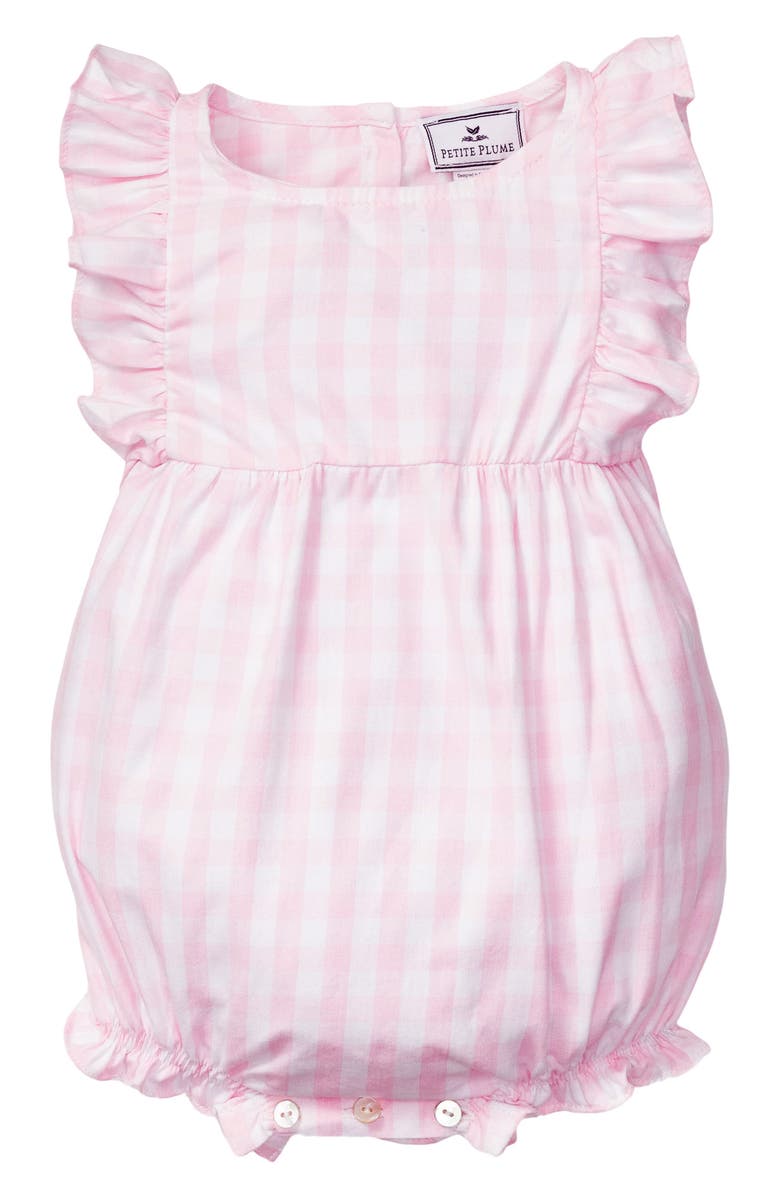 Petite Plume Gingham Ruffle Romper, Main, color, 