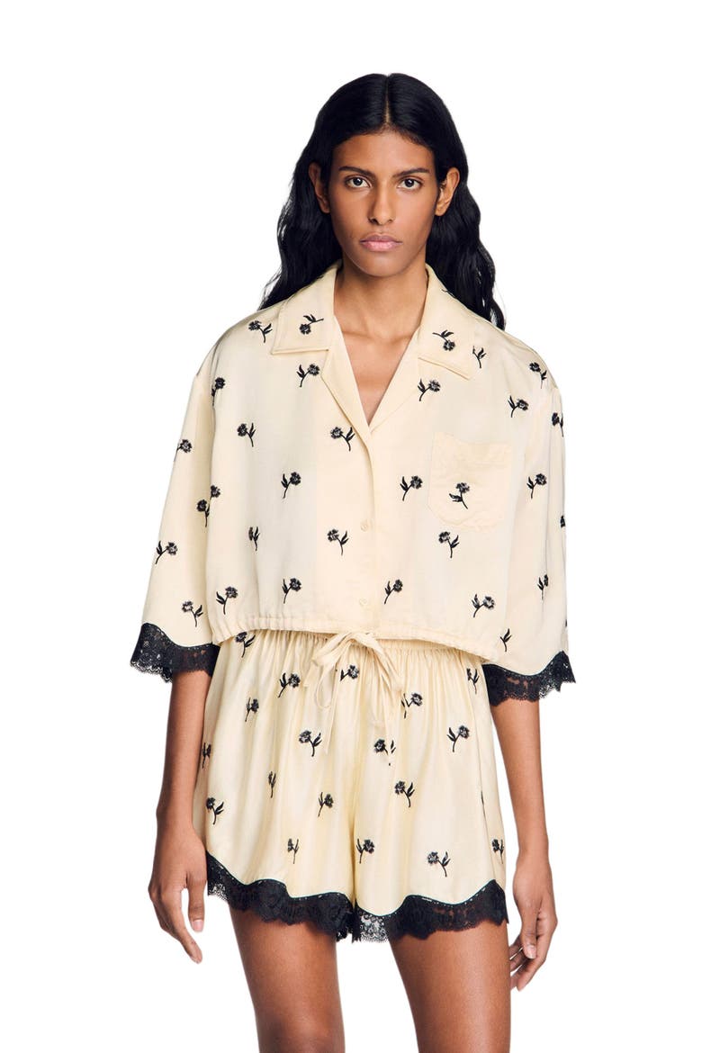 Cropped floral embroidered shirt, Main, color, Vanilla