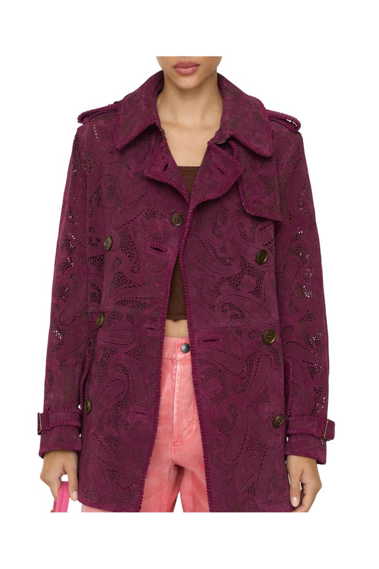 Short Paisley Suede Foxfield Trench Coat, Alternate, color, Allium purple