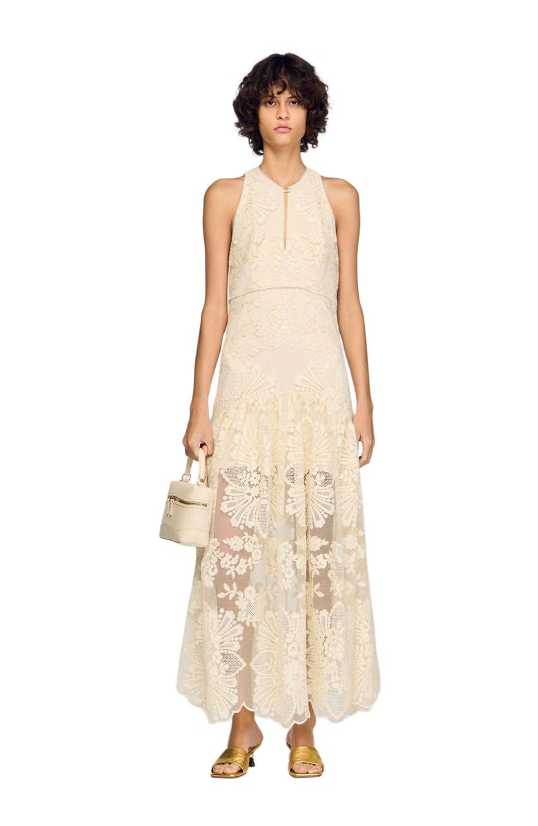 SANDRO Floral cotton guipure maxi dress, Alternate, color, Vanilla