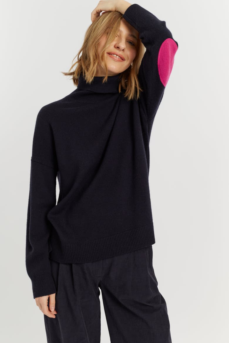 Wool Cashmere Elbow Patch Rollneck Sweater, Alternate, color, Navy/Pink