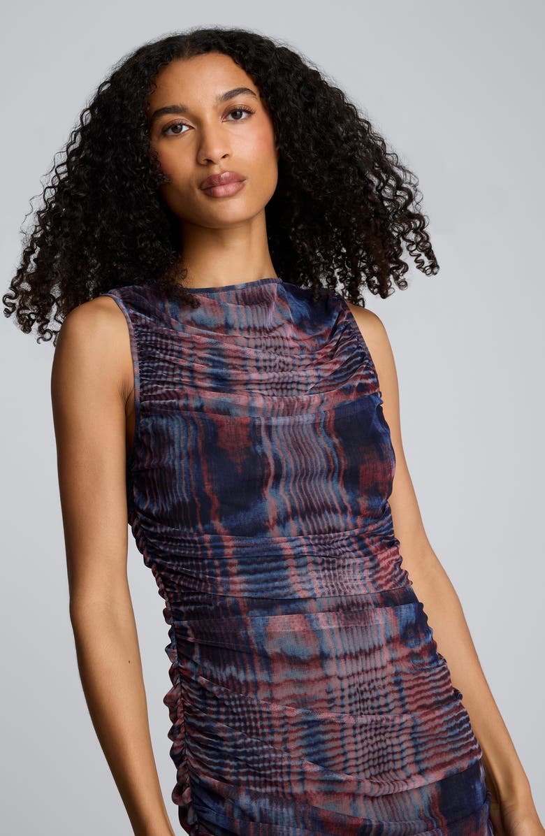 Kenneth Cole Abstract Print Ruched Mesh Midi Dress, Alternate, color, 