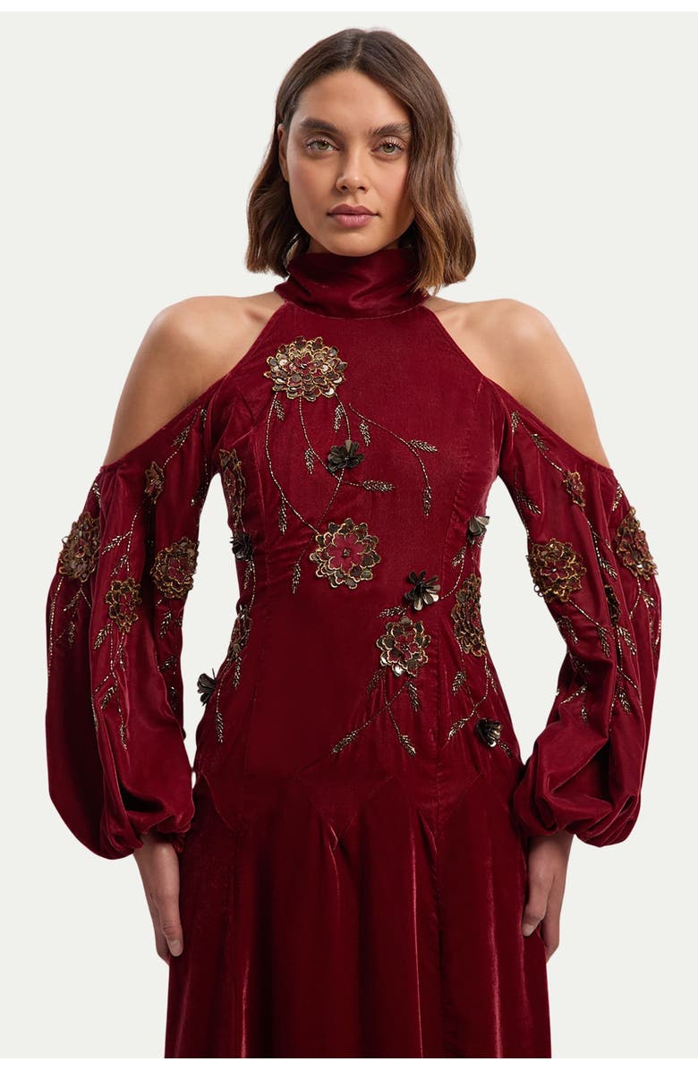 Karen Millen Velvet Embroidered High Neck Maxi Dress, Alternate, color, Rust