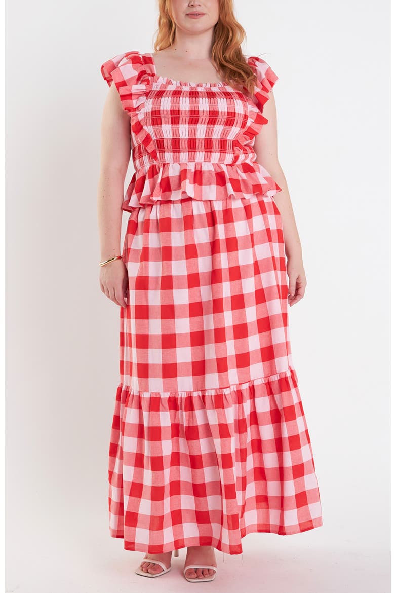 Gingham Midi Skirt, Alternate, color, PINK/ RED