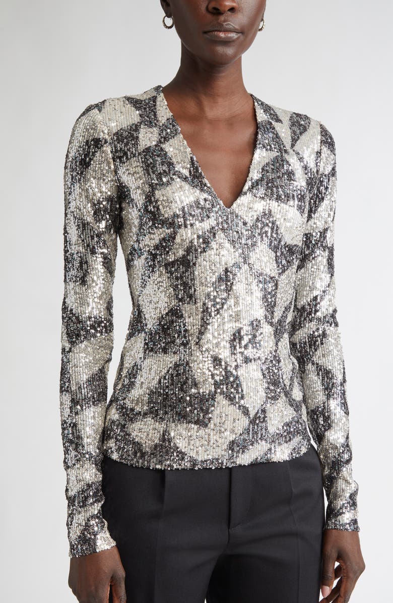 ST. JOHN Cubist Geometric Sequin Top, Alternate, color, Ecru/ Black Multi