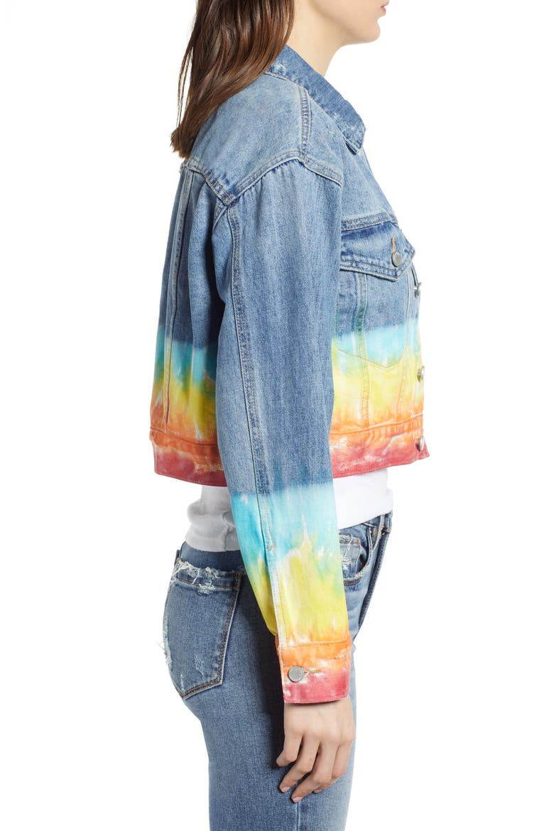 Tie Dye Hem Crop Denim Jacket, Alternate, color, BLOW THE BAG