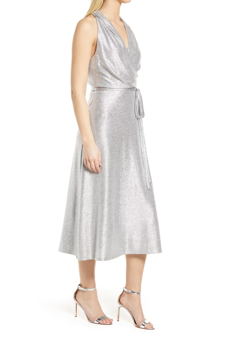Donna Ricco Halter Neck Metallic Faux Wrap Dress, Alternate, color, SILVER