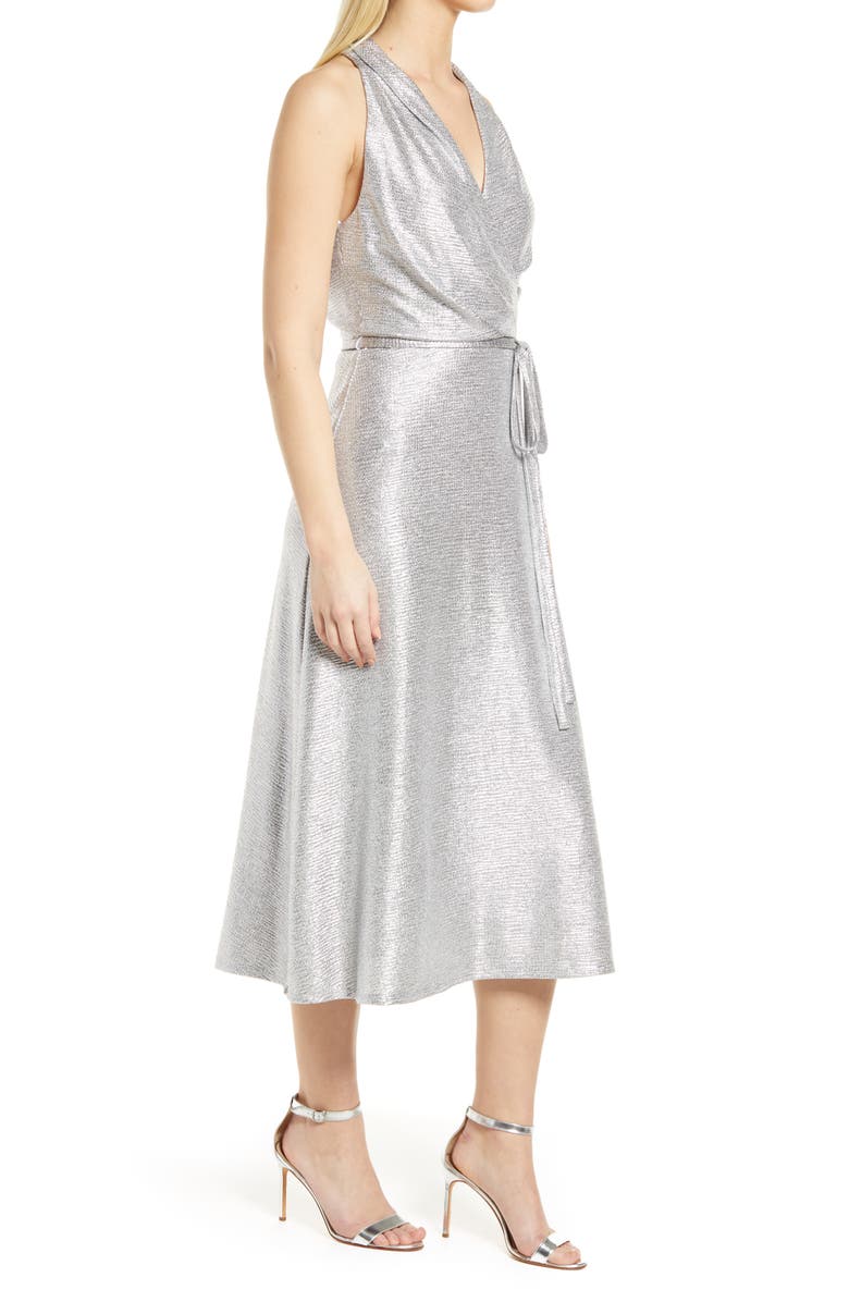 Julia Jordan Donna Ricco Halter Neck Metallic Faux Wrap Dress, Alternate, color, Silver