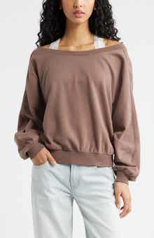 Lace Trim Off the Shoulder Cotton Blend Sweatshirt