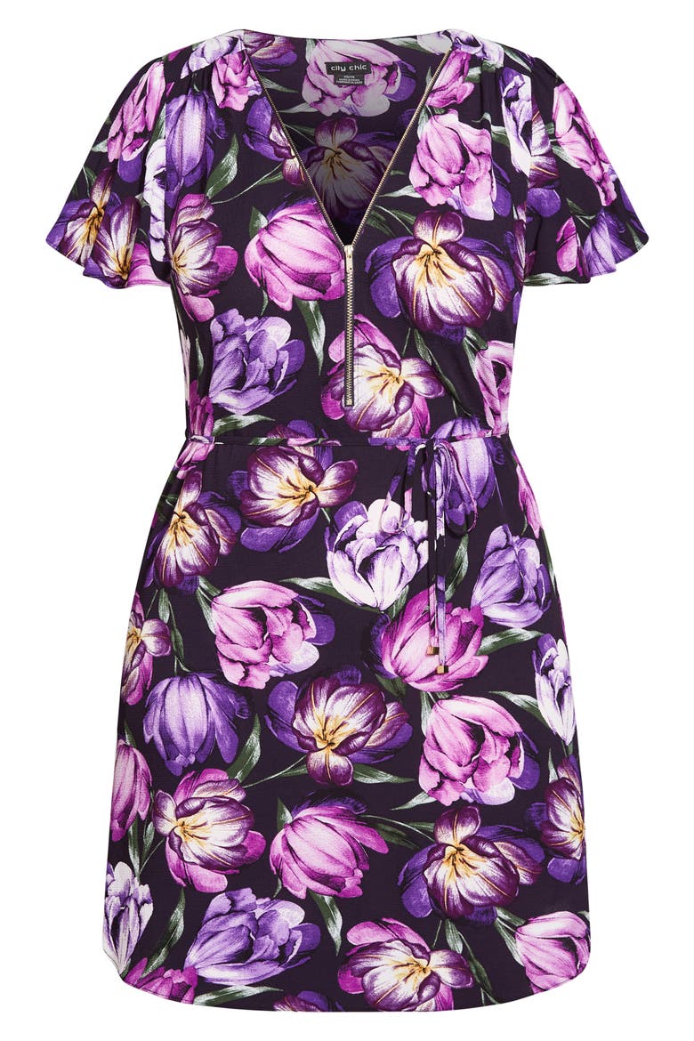 Tulip Short Sleeve Crepe Dress, Alternate, color, PETUNIA TULIP BLOOM