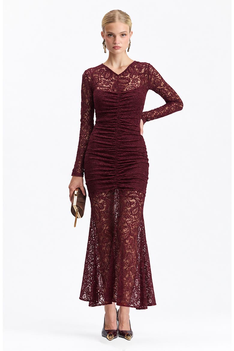 Shirred Lace Maxi Dress, Alternate, color, WINE