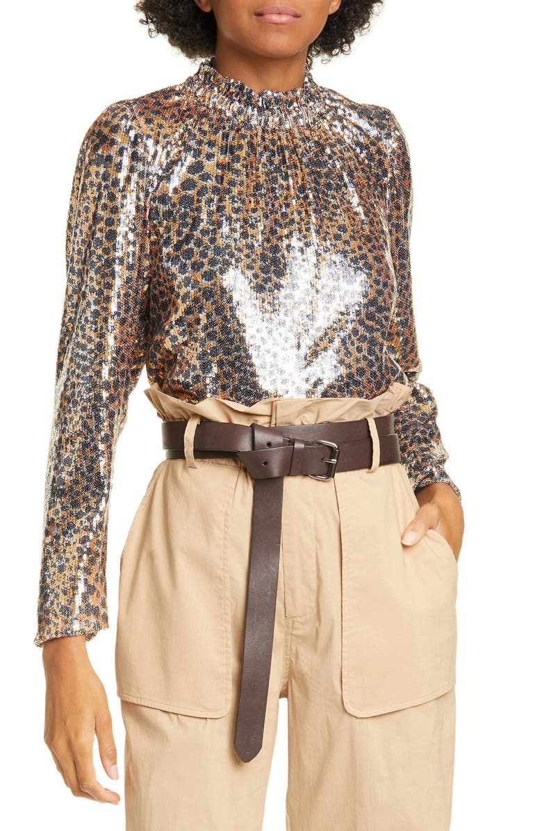 Sea Leopard Print Sequin Puff Sleeve Blouse, Main, color,