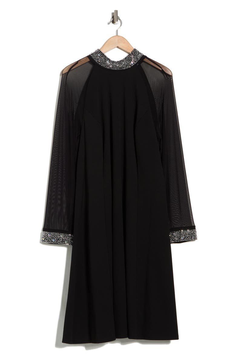 Rhinestone Embellished Long Sleeve Shift Dress, Alternate, color, BLACK