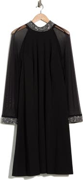 Oleg Cassini Rhinestone Embellished Long Sleeve Shift Dress