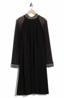 Oleg Cassini Rhinestone Embellished Long Sleeve Shift Dress