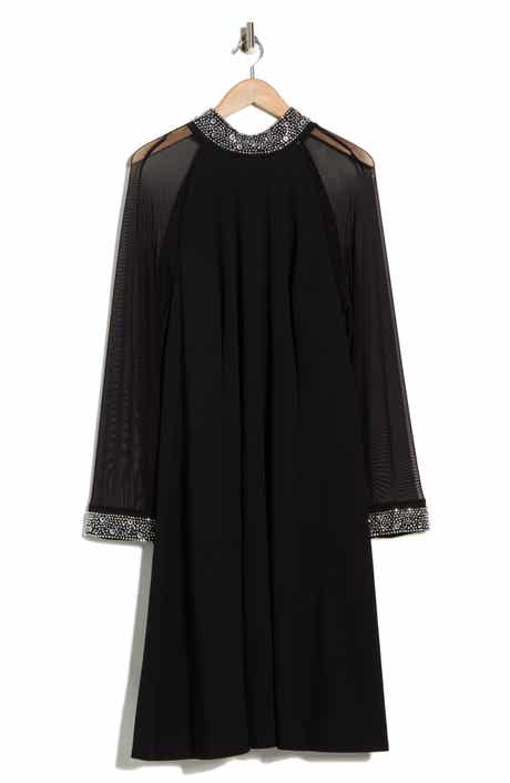Oleg Cassini Rhinestone Embellished Long Sleeve Shift Dress