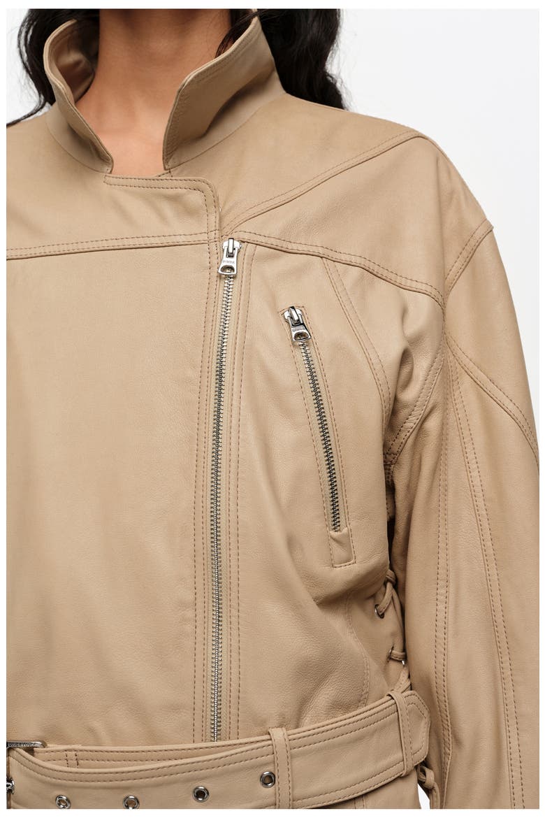 Double-breasted leather jacket with adjustable detailing, Alternate, color, LIGHT STONE