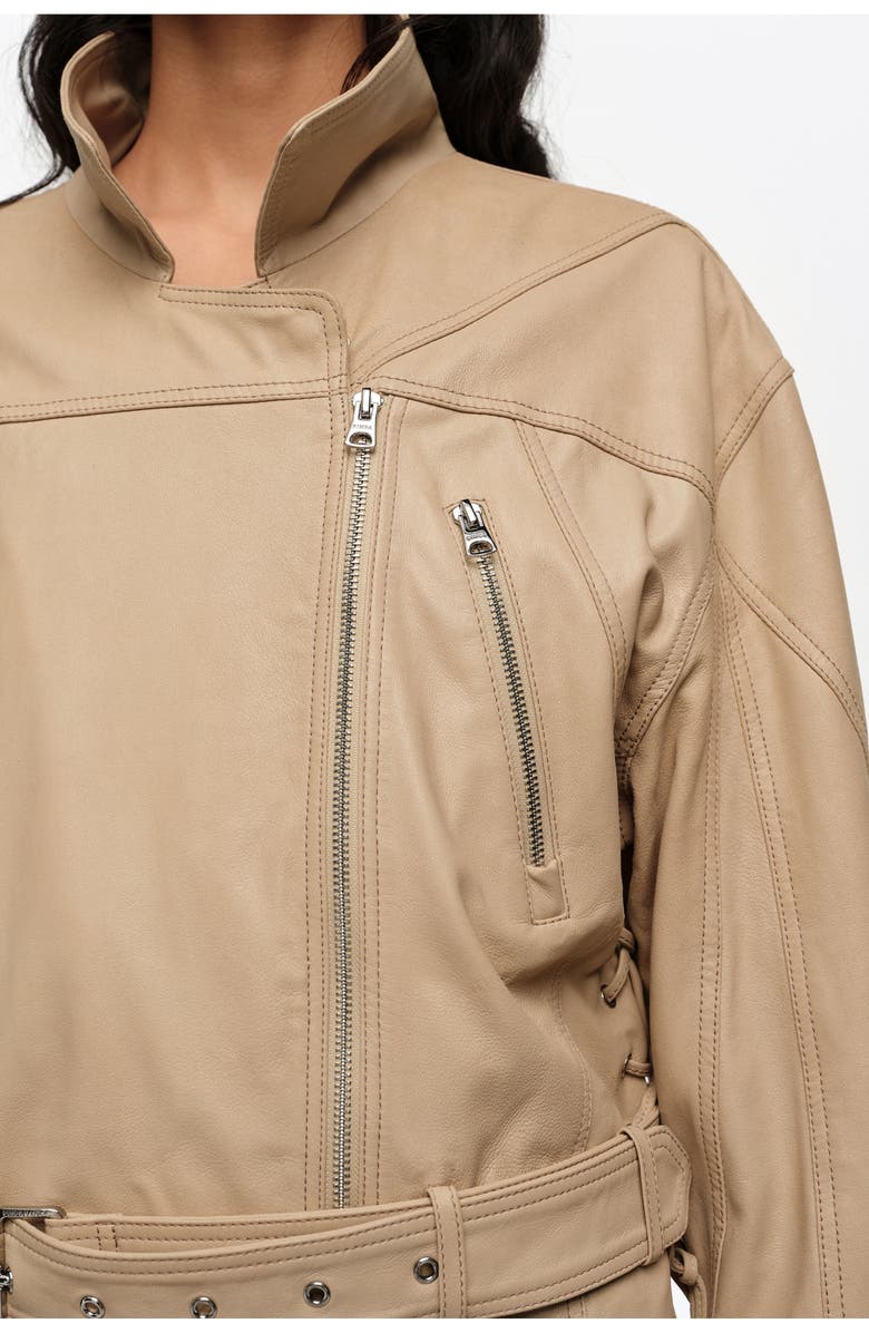 Bimba y Lola Double-breasted leather jacket with adjustable detailing, Alternate, color, Light Stone