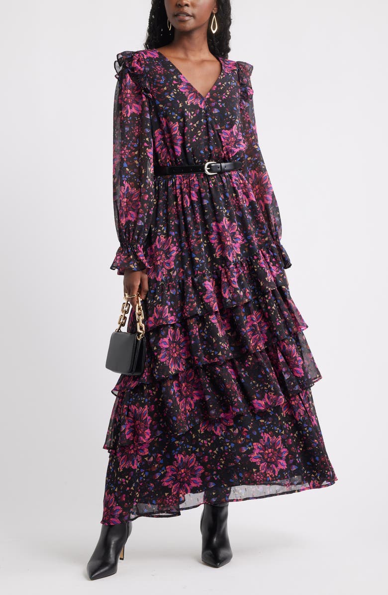 Treasure & Bond Tiered Ruffle Faux Wrap Maxi Dress, Alternate, color, Black-Pink Painterly Medallion
