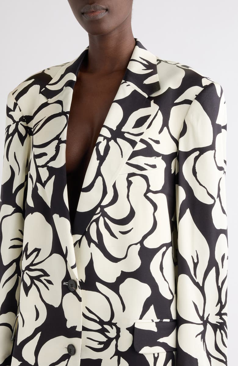 Dries Van Noten Floral Screenprint Jacquard Longline Blazer, Alternate, color, Black