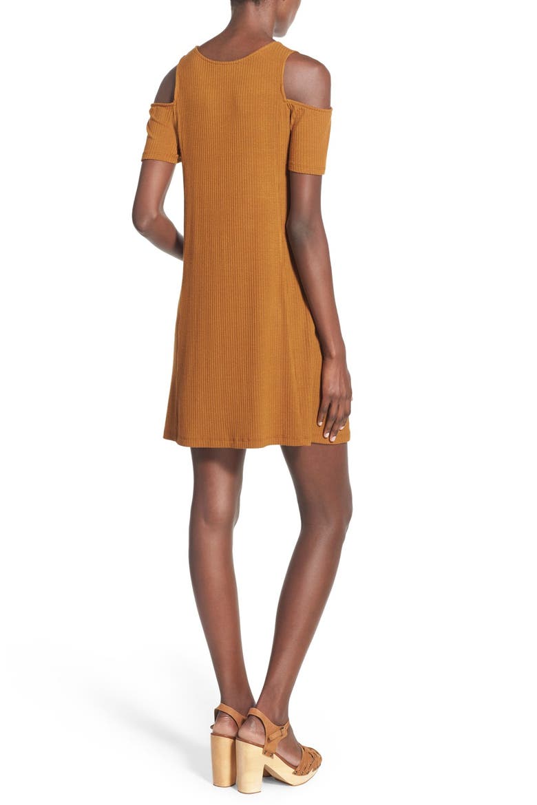 Cold Shoulder Rib Knit Shift Dress, Alternate, color, CARAMEL