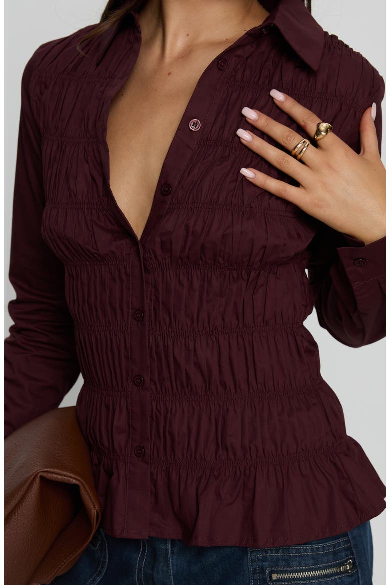 Cultivate Smocked Cotton Button-Up Shirt, Alternate, color, PLUM