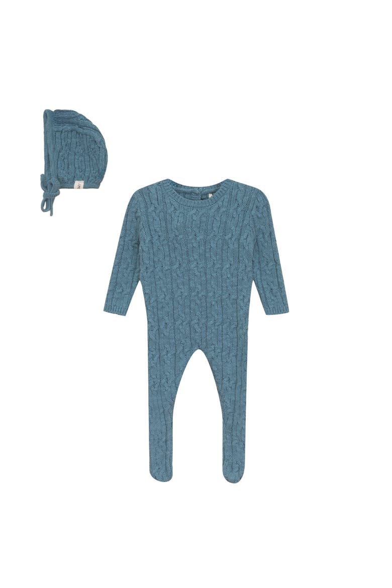 Boy Mix Cable Knit Romper and Bonnet, Main, color, River Blue Mix