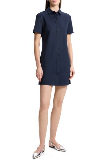 Theory Short Sleeve Piqué Shirtdress In Nocturne Navy