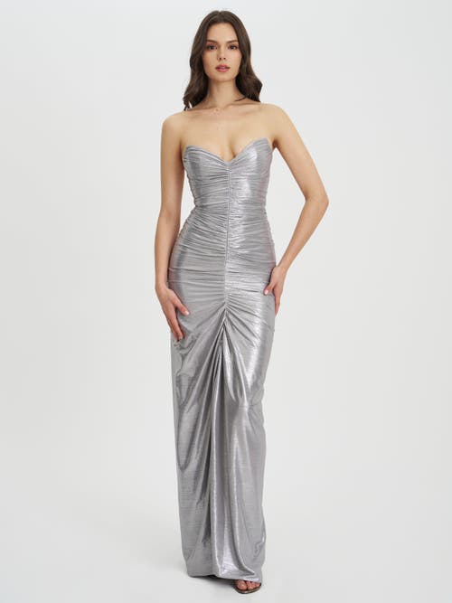 Miss Circle Sable Ruched Glitter Mermaid Gown In Silver