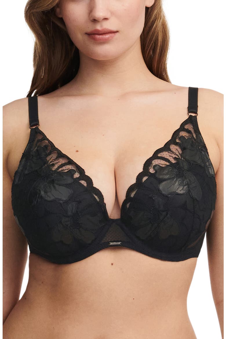 Fleurs Underwire Signature Plunge Bra, Alternate, color, FAUX LEATHER BLACK