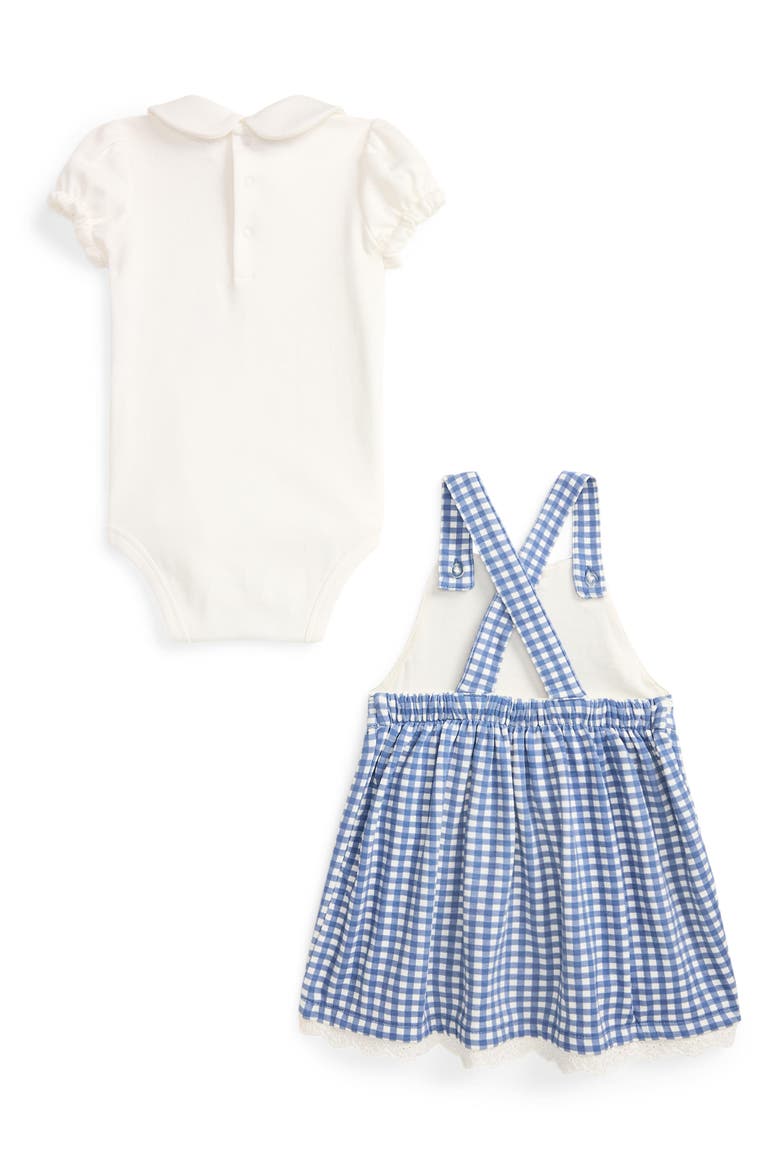 Kids' Polo Collar Cotton Romper & Gingham Pinafore Dress Set, Alternate, color, BABY GINGHAM BLUE W/ WHITE