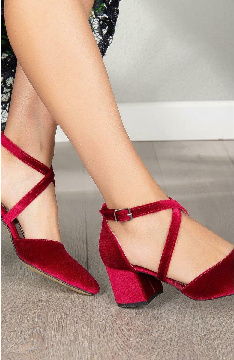 Forever & Always Shoes Dolly Low Block Heel Pumps, Alternate, color, Burgundy Velvet