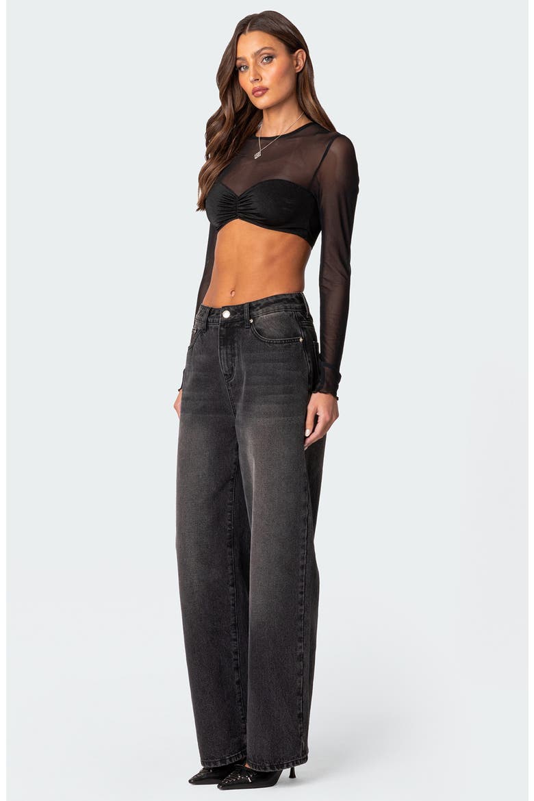 Night Out Long Sleeve Illusion Neck Crop Top, Alternate, color, BLACK