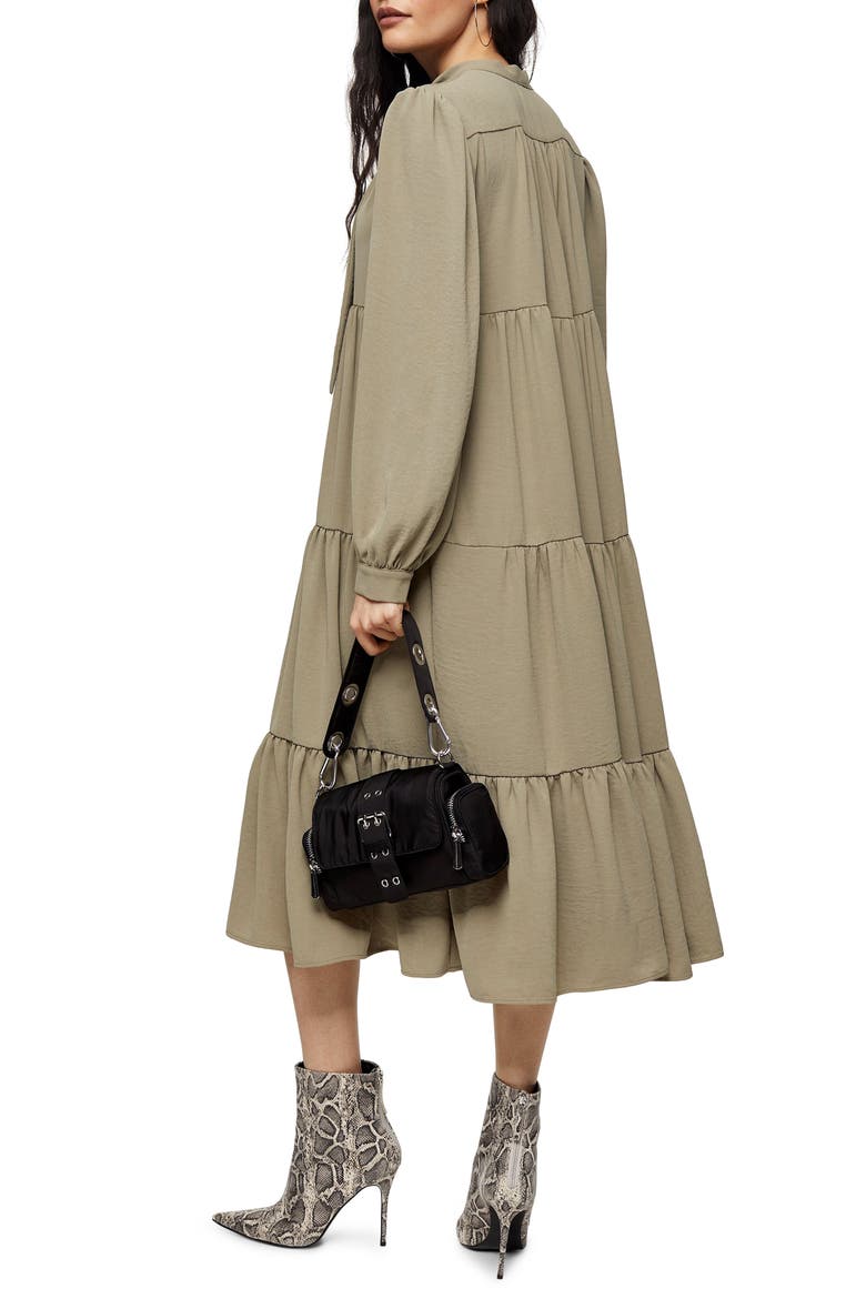 Tiered Tie Neck Chuckon Long Sleeve Midi Dress, Alternate, color, OLIVE