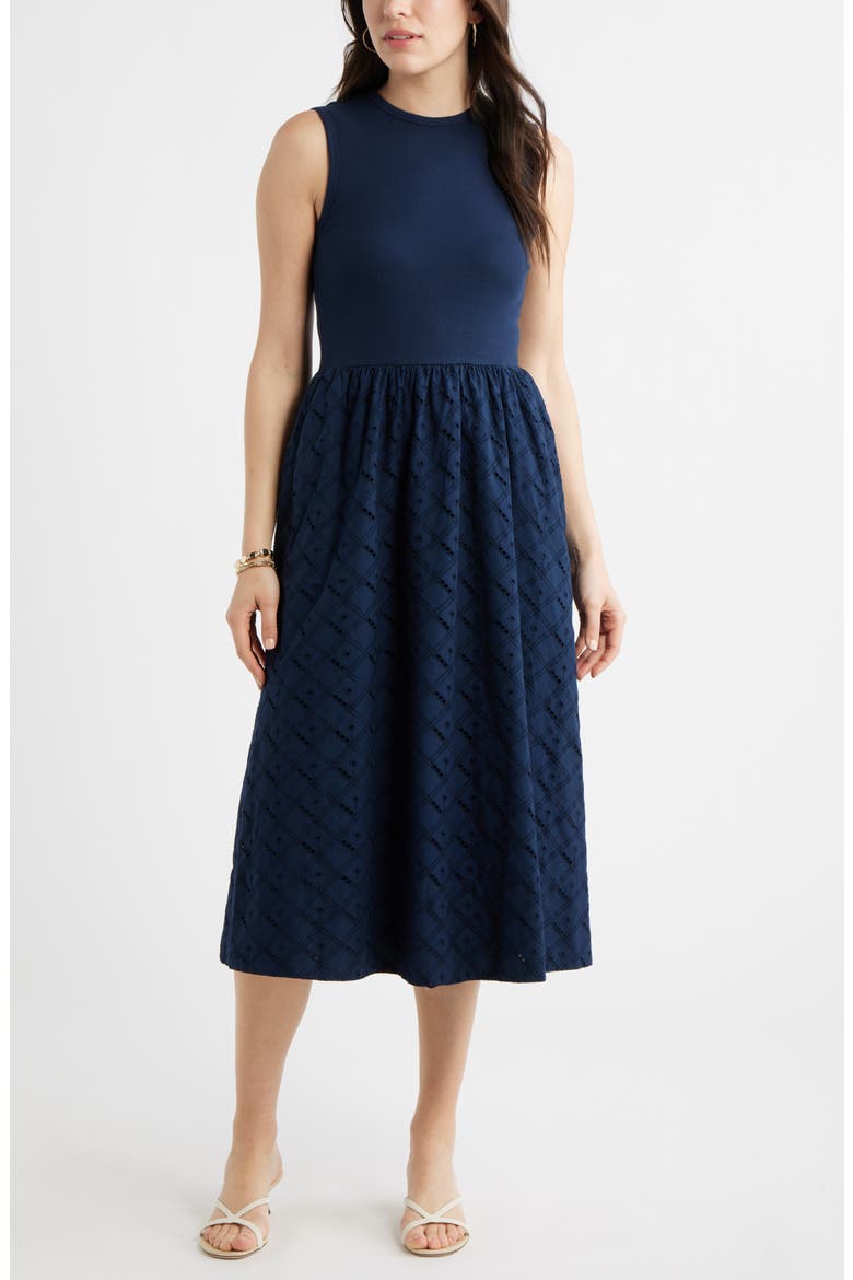Mixed Media Midi Dress, Main, color, NAVY STILL