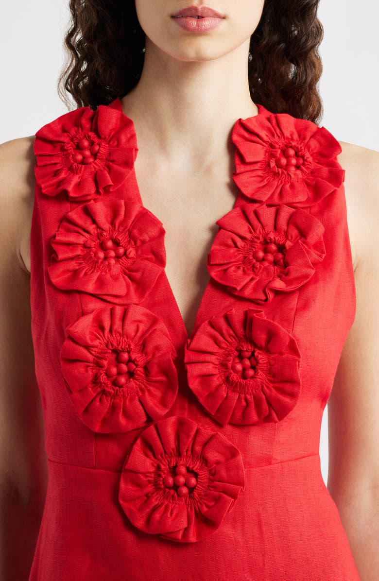 FARM Rio Floral Appliqué Linen Midi Dress, Alternate, color, Red