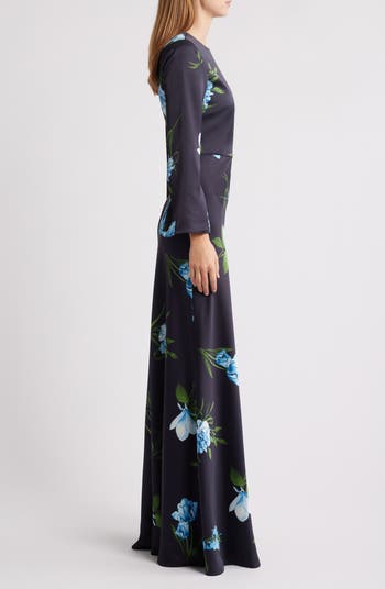 Alex Sequin Floral Long Sleeve Satin Crepe Gown