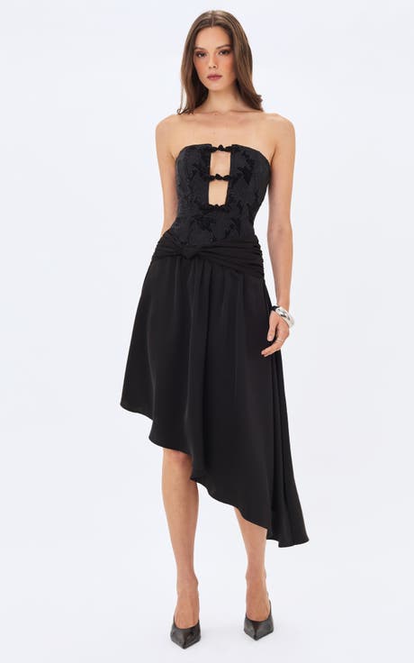Yoseline Velvet Lace Cutout Asymmetrical Satin Midi Dress