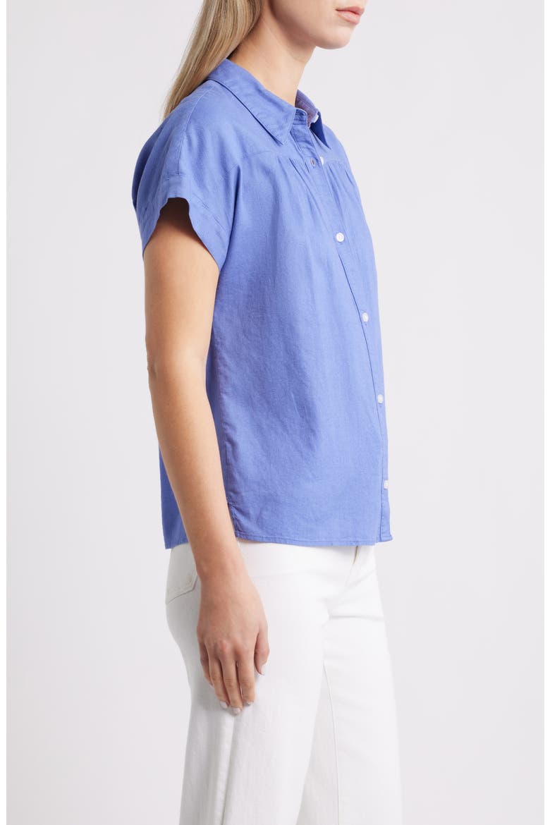 Short Sleeve Linen Blend Button-Up Shirt, Alternate, color, BLUE DENIM