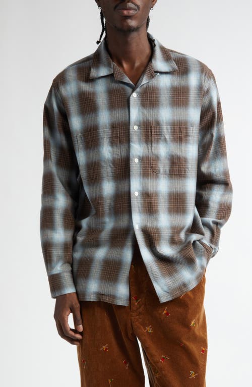 BEAMS Open Collar Ombré Plaid Button-Up Shirt in Brown 