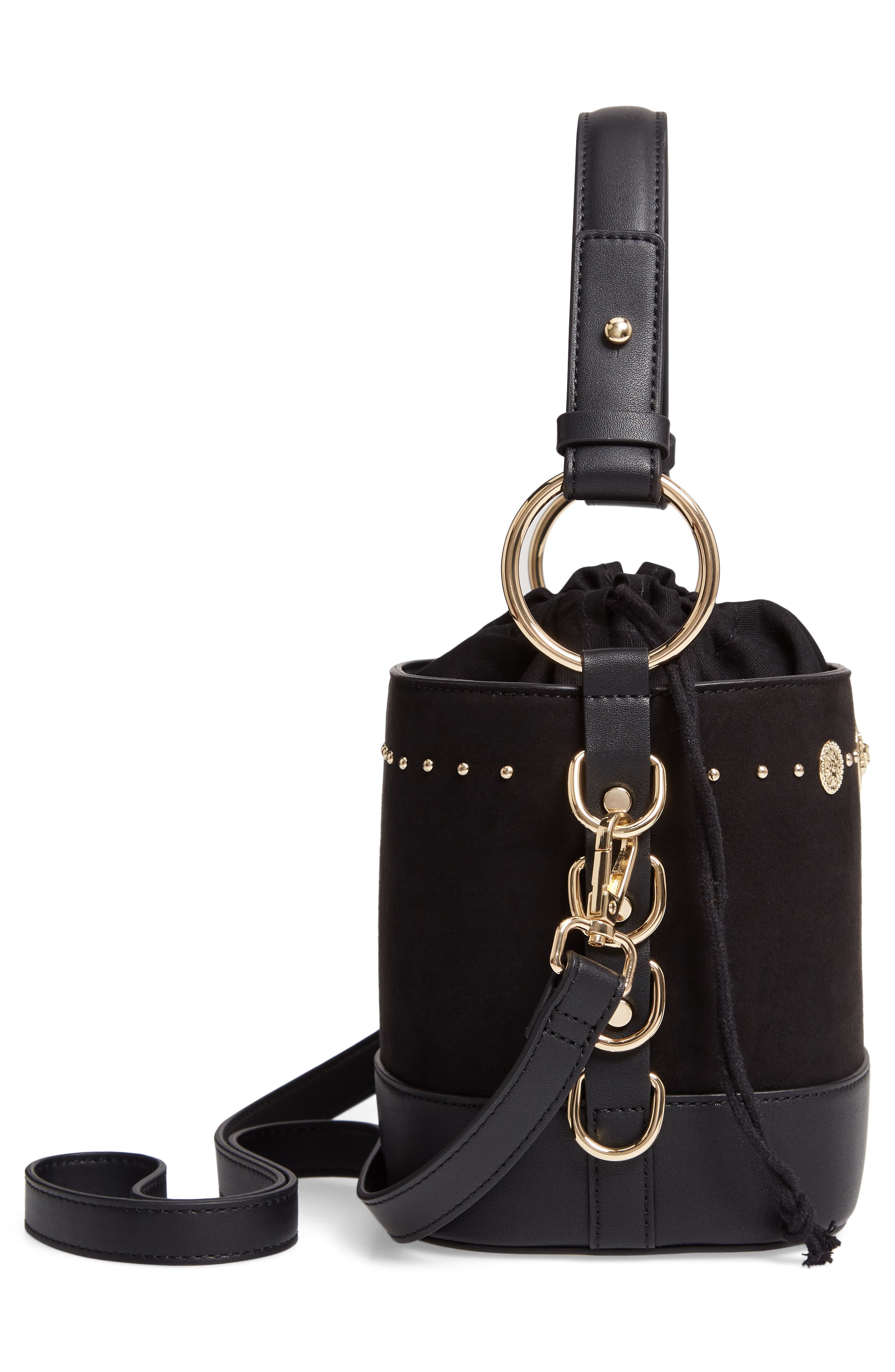 Topshop Bianca Studded Faux Leather Bucket Bag, Alternate, color, 