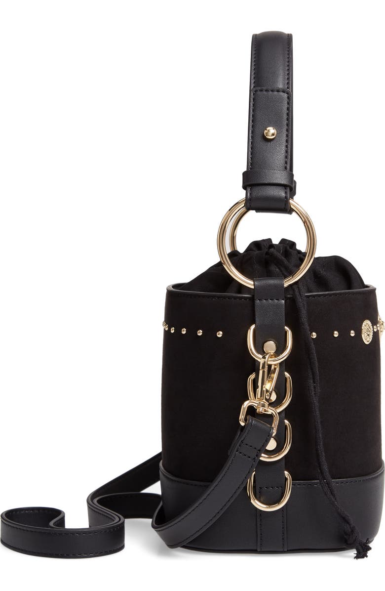 Topshop Bianca Studded Faux Leather Bucket Bag, Alternate, color,