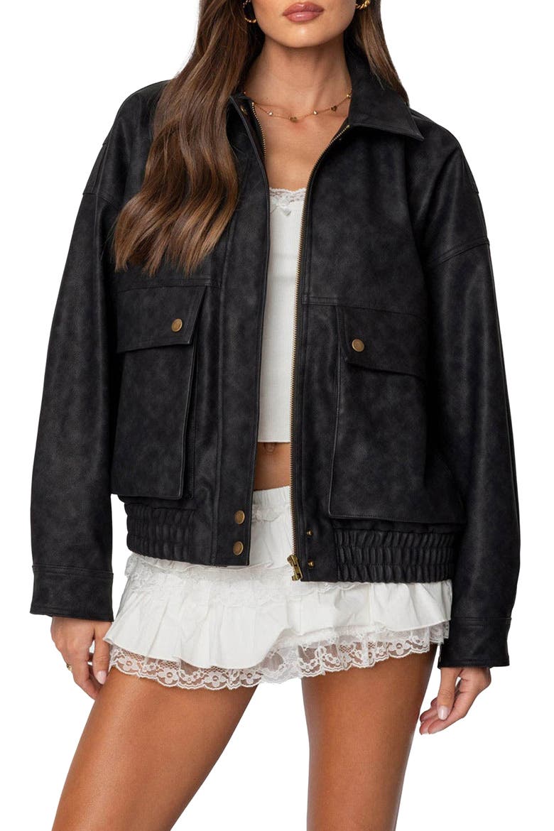 Faux Leather Bomber Jacket, Main, color, BLACK