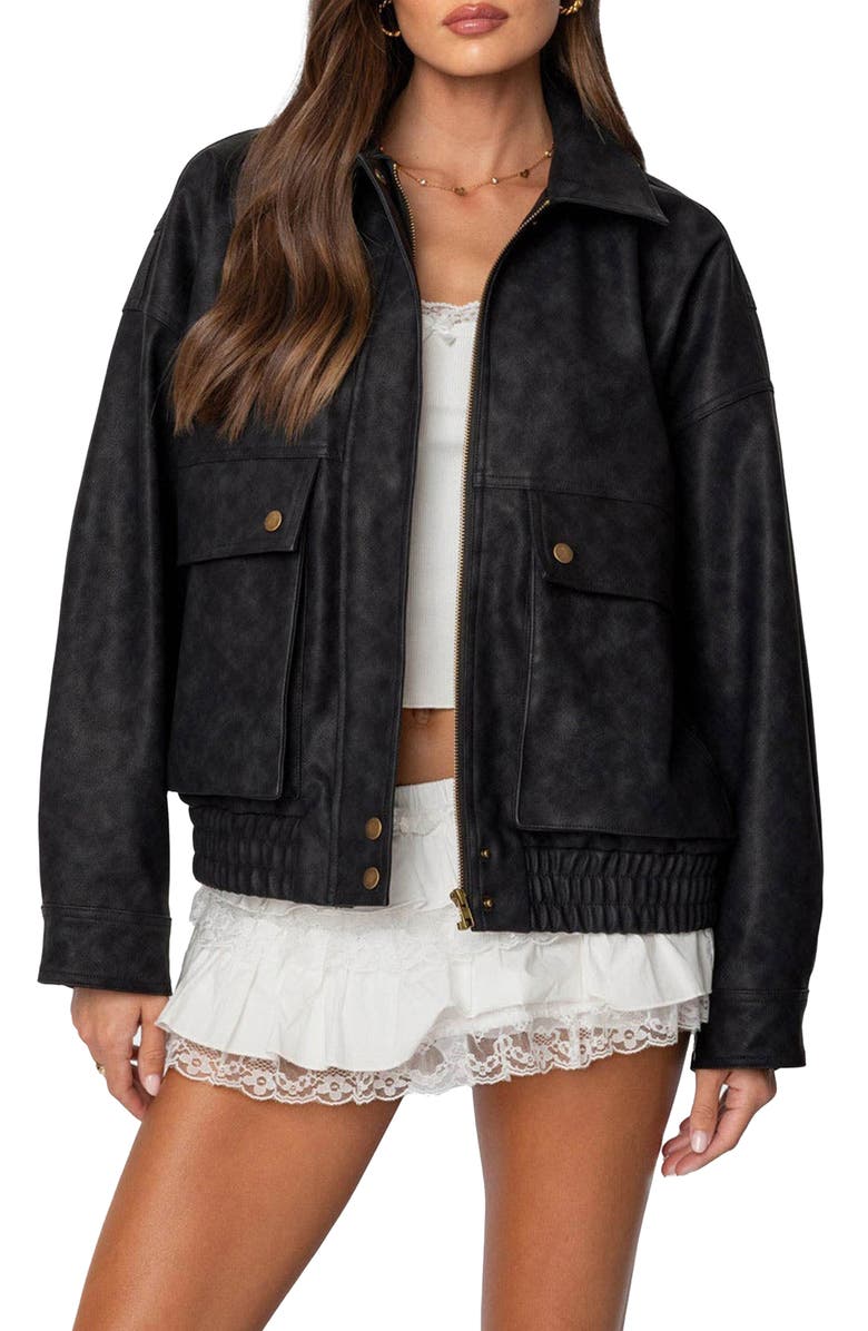 EDIKTED Faux Leather Bomber Jacket, Main, color, Black