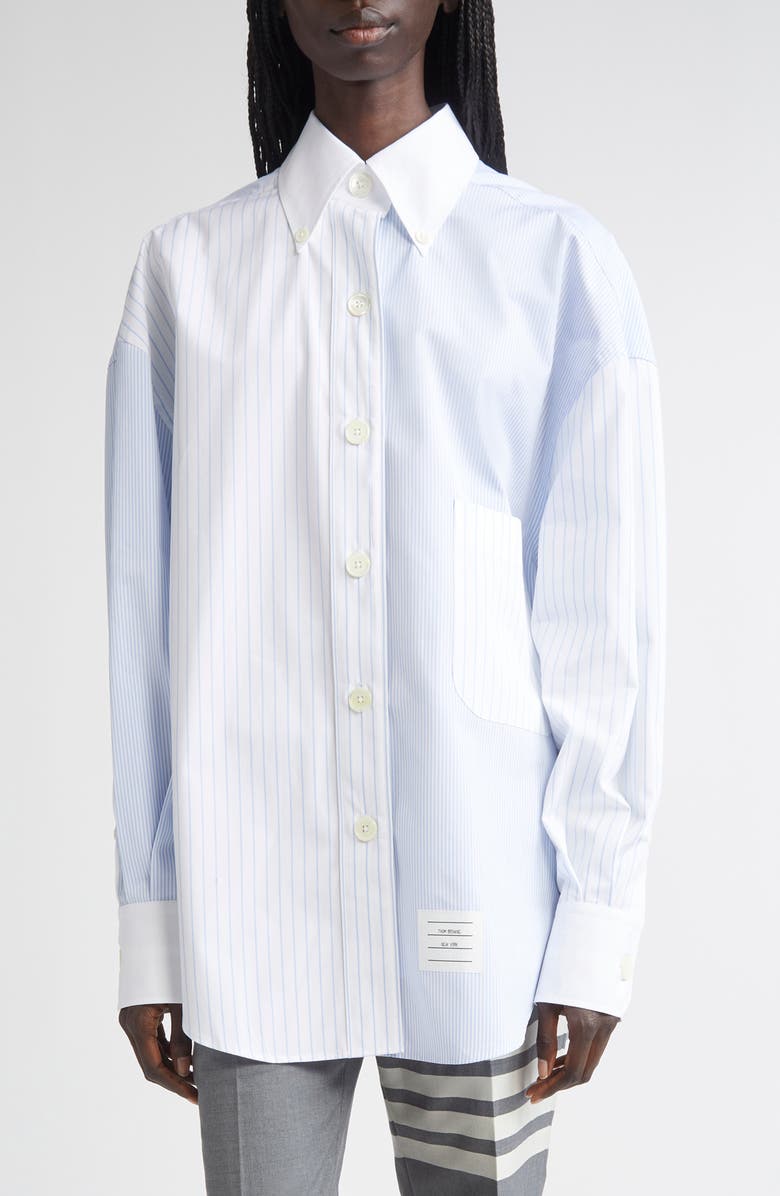 Thom Browne Fin-Mix Stripe Supima<sup>®</sup> Cotton Poplin Button-Down Shirt, Main, color, Light Blue