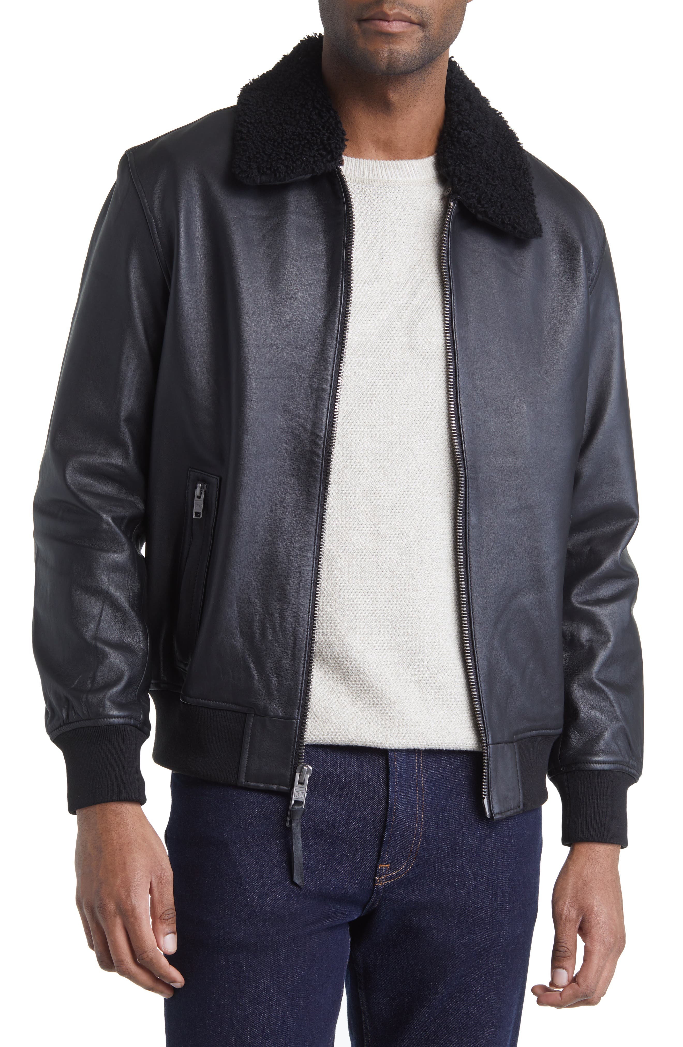 Frye Leather Bomber Jacket with Removable Faux Shearling Collar