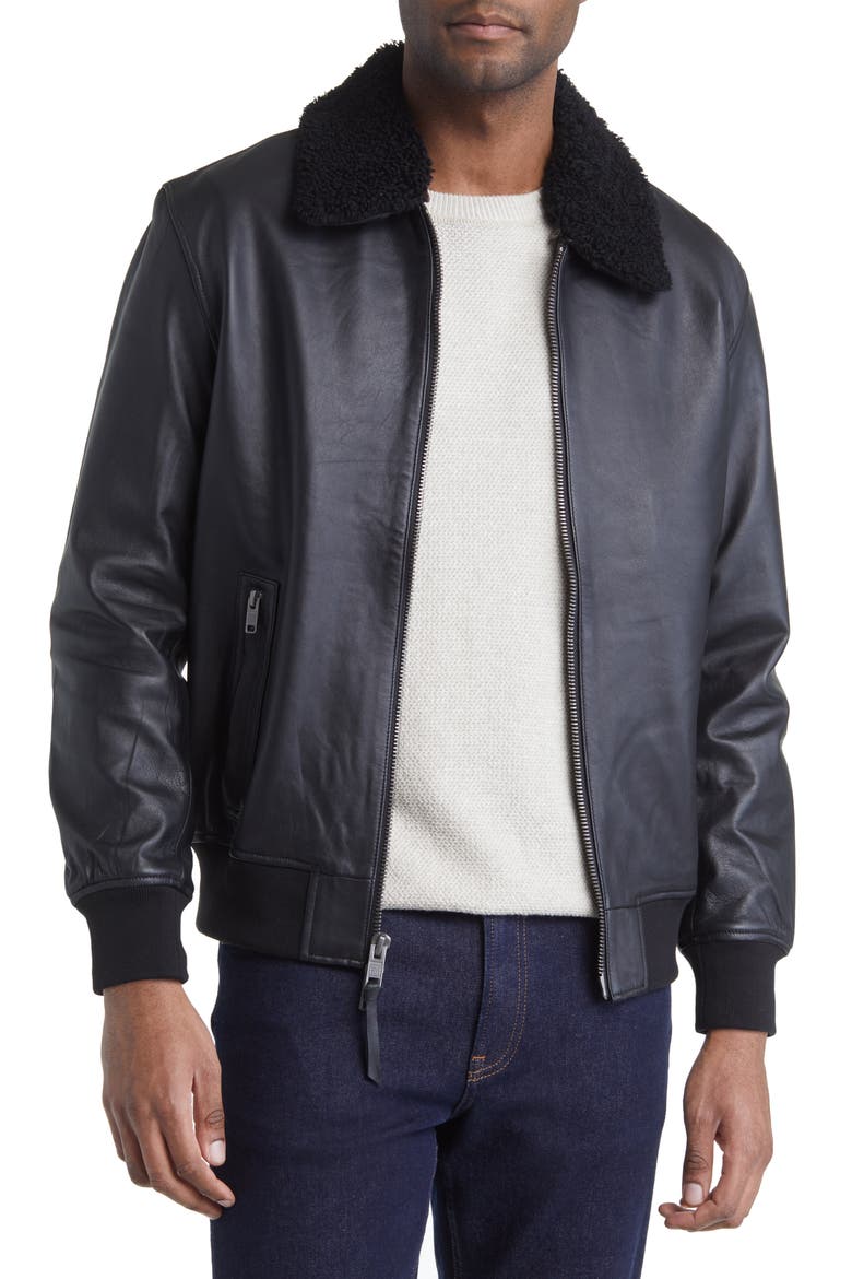 Leather Bomber Jacket with Removable Faux Shearling Collar, Main, color, BLACK