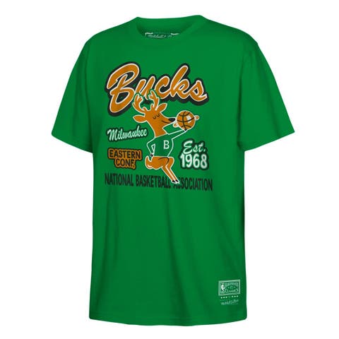 Youth Mitchell & Ness Kelly Green Milwaukee Bucks Retro Mascot Script T-Shirt